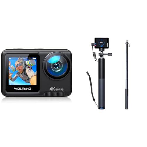 WOLFANG Cámara Deportiva GA420 4K60FPS &amp; Juego de Selfie Stick Recargable